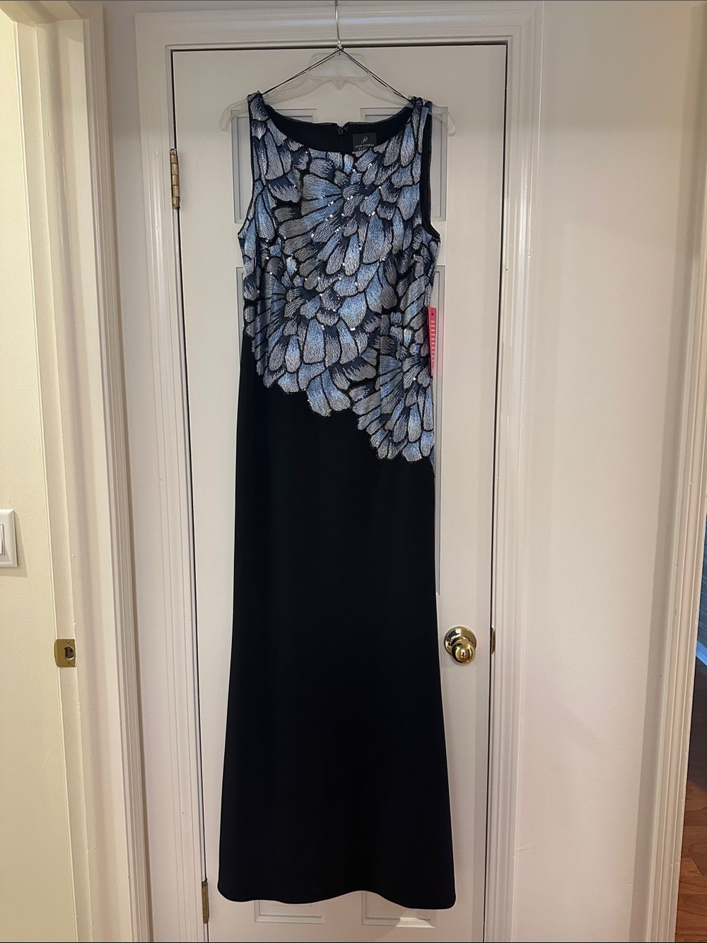 Adrianna Papell Black Gown with Blue Petal Embellishment